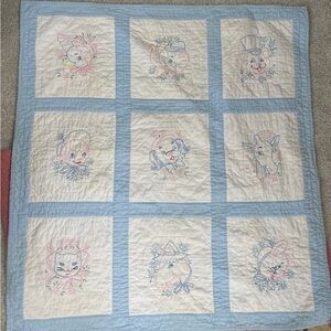 Vintage Cotton Embroidered Baby Blanket 1940s